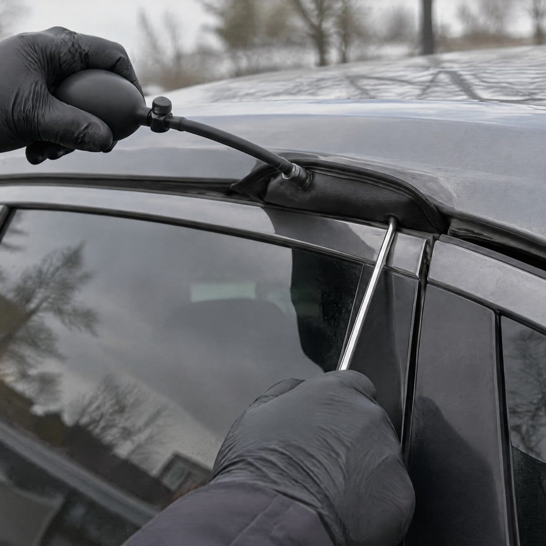 Air wedge and long-reach tool at the top of a car door